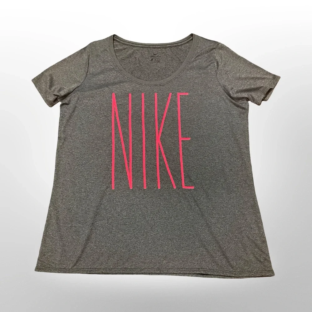Nike Dri-FIT‎ Womens XL Gray Pink Graphic Logo Scoop Neck Short Sleeve T-Shirt